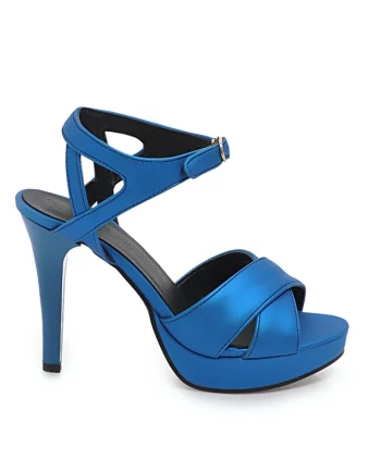 Navy blue sandals with heels on white background