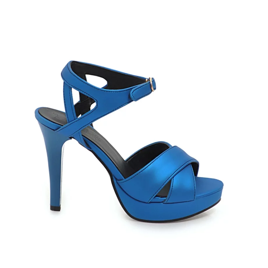 Navy blue sandals with heels on white background